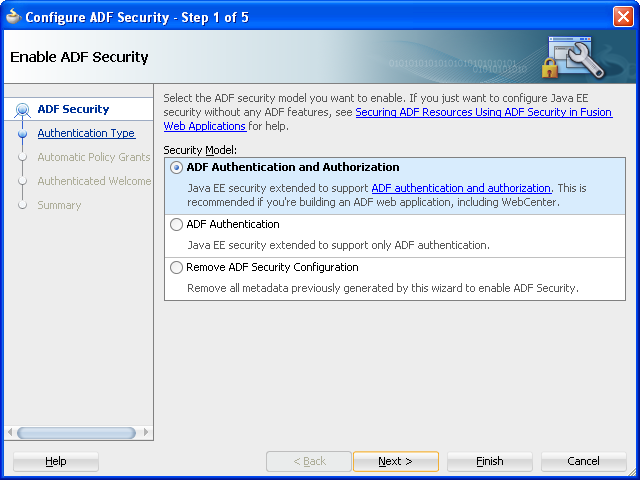 First page of the ADF Security wizard