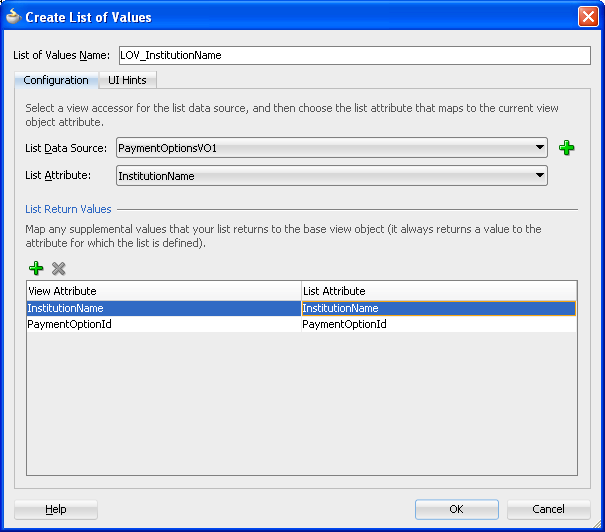 Create List of Values dialog displays reference attribute