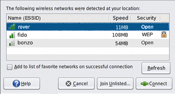 image:Figure of the Wireless Chooser dialog box that is used to select an wireless network.