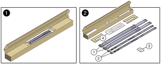 Figure showing the contents of the tool-less rackmount kit. image:Figure showing the contents of the tool-less rackmount kit.