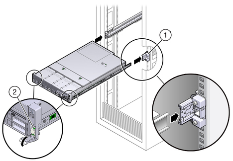 Figure showing the server with mounting brackets being inserted into the Slide-Rails. image:Figure showing the server with mounting brackets being inserted into the Slide-Rails.