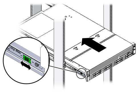 Figure showing the server being pushed back into the rack. image:Figure showing the server being pushed back into the rack.