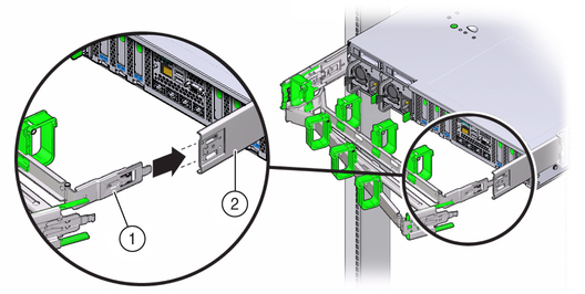 Figure showing CMA mounting bracket inserted into back of the right slide-rail. image:Figure showing CMA mounting bracket inserted into back of the right slide-rail.