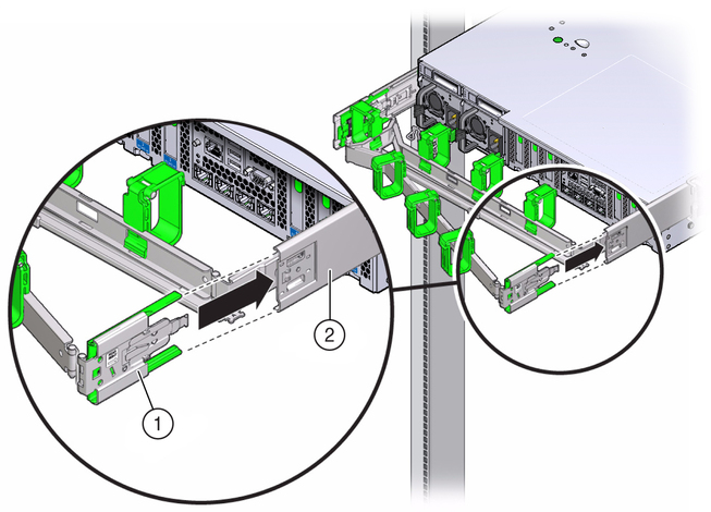 Figure showing CMA slide-rail connector inserting into back of the right slide-rail. image:Figure showing CMA slide-rail connector inserting into back of the right slide-rail.