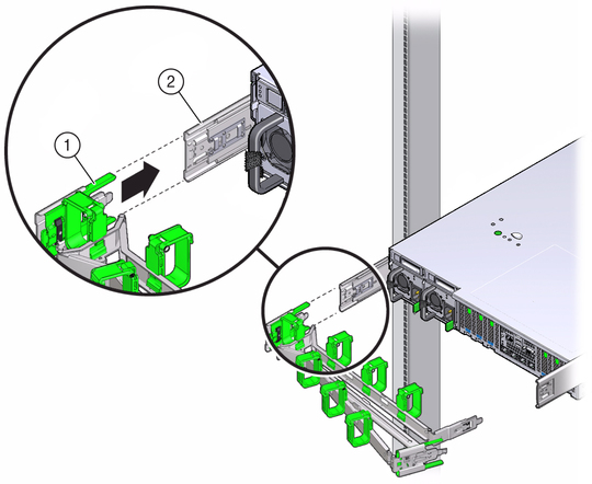 Figure showing CMA slide-rail connector inserting into the back of the left slide-rail. image:Figure showing CMA slide-rail connector inserting into the back of the left slide-rail.