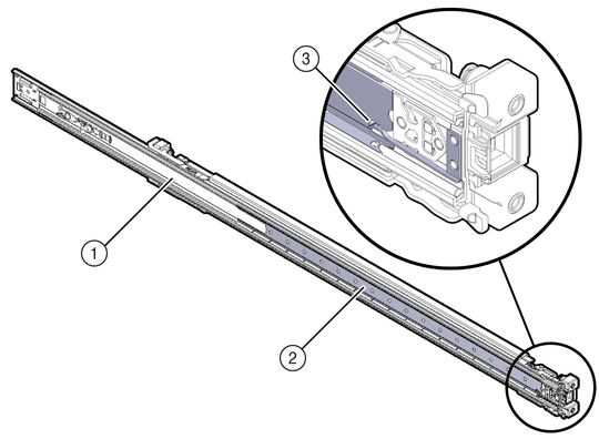Figure showing the slide-rail being oriented with the ball-bearing track locked into place. image:Figure showing the slide-rail being oriented with the ball-bearing track locked into place.