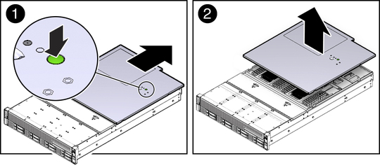 Figure showing the server top cover being removed. image:Figure showing the server top cover being removed.