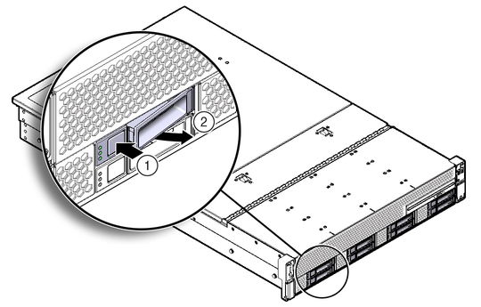 Figure showing the location of the storage drive release button and latch. image:Figure showing the location of the storage drive release button and latch.