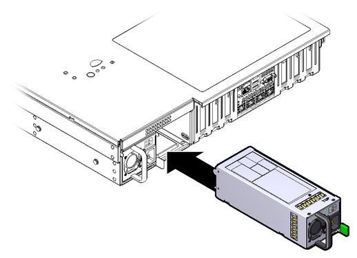 Figure showing a power supply being installed into the chassis. image:Figure showing a power supply being installed into the chassis.