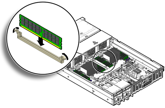 Figure showing a memory DIMM being installed into the sever. image:Figure showing a memory DIMM being installed into the sever.
