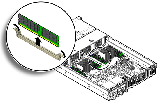 Figure showing a memory DIMM being removed from the server. image:Figure showing a memory DIMM being removed from the server.