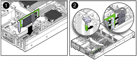 Figure showing a PCIe card being installed into the server. image:Figure showing a PCIe card being installed into the server.