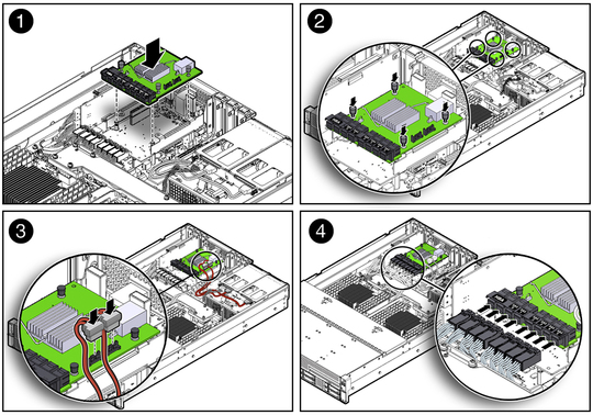 Figure showing the SAS expander module being installed in the server. image:Figure showing the SAS expander module being installed in the server.