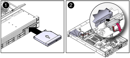 Figure showing a DVD drive being installed in the chassis. image:Figure showing a DVD drive being installed in the chassis.