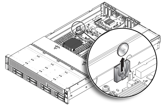 Figure showing how to remove the system battery. image:Figure showing how to remove the system battery.