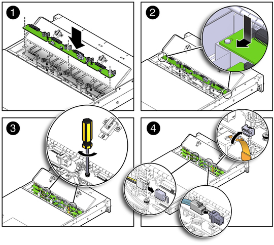Figure showing the storage drive backplane being installed in the server. image:Figure showing the storage drive backplane being installed in the server.