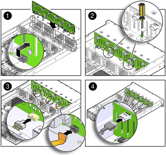 Figure showing the storage drive backplane being installed in the server. image:Figure showing the storage drive backplane being installed in the server.