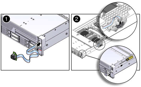 Figure showing the installation of the right LED/USB indicator module. image:Figure showing the installation of the right LED/USB indicator module.