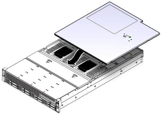 Figure showing the server top cover being installed. image:Figure showing the server top cover being installed.