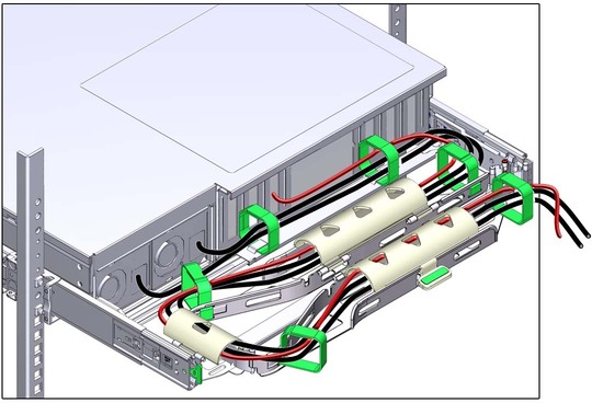 Figure showing CMA with cables installed, cable covers closed, and cables secured with Velcro straps. image:Figure showing CMA with cables installed, cable covers closed, and cables secured with Velcro straps.