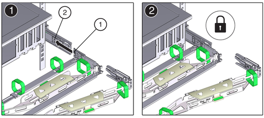 Figure showing how to install the CMA's connector B into the right slide-rail. image:Figure showing how to install the CMA's connector B into the right slide-rail.