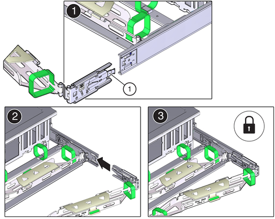 Figure showing how to install the CMA's connector C into the right slide-rail. image:Figure showing how to install the CMA's connector C into the right slide-rail.