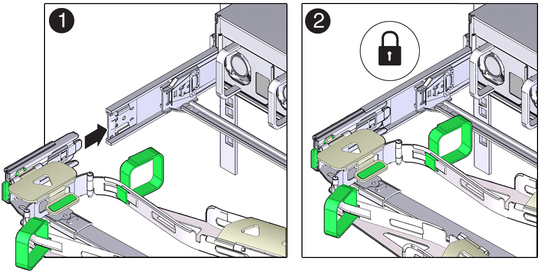Figure showing how to install the CMA's connector D and its associated latching bracket into the left slide-rail. image:Figure showing how to install the CMA's connector D and its associated latching bracket into the left slide-rail.