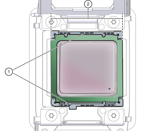 image:Graphic showing a larger processor installed in a motherboard processor socket.