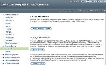 Graphic showing the Oracle ILOM Launch Redirection page. image:Graphic showing the Oracle ILOM Launch Redirection page.