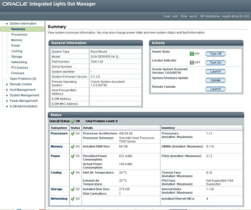 Oracle ILOM System Summary screen. image:Oracle ILOM System Summary screen.