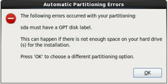 Oracle Linux 6 Automatic Partitioning Errors screen. image:Oracle Linux 6 Automatic Partitioning Errors screen.