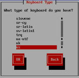 Oracle Linux6 select Keyboard type screen. image:Oracle Linux6 select Keyboard type screen.