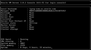Graphic showing the preinstalled Oracle VM Server console session screen. image:Graphic showing the preinstalled Oracle VM Server console session screen.