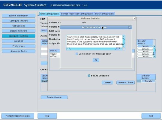 Screen showing the RAID configuration Set Volume For Boot dialog box. image:Screen showing the RAID configuration Set Volume For Boot dialog box.