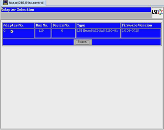 Graphic showing the LSI MegaRAID Utility Adapter Selection screen. image:Graphic showing the LSI MegaRAID Utility Adapter Selection screen.