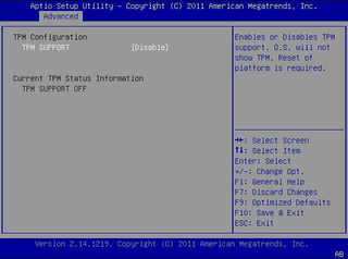 This figure shows the TPM Configuration screen in the Advanced Menu. image:This figure shows the TPM Configuration screen in the Advanced Menu.