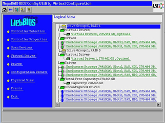 Graphic showing LSI MegaRAID Utility Virtual Configuration screen. image:Graphic showing LSI MegaRAID Utility Virtual Configuration screen.
