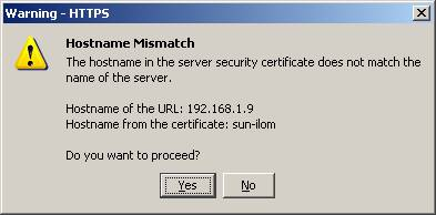 Graphic showing the Oracle ILOM Hostname Mismatch warning dialog. image:Graphic showing the Oracle ILOM Hostname Mismatch warning dialog.