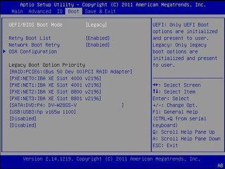 BIOS Boot menu screen showing Legacy mode selected. image:BIOS Boot menu screen showing Legacy mode selected.