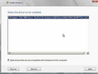 HBA option selection of LSI Adapter, SAS2 2008 Falcon-Star Port driver to be installed dialog. image:HBA option selection of LSI Adapter, SAS2 2008 Falcon-Star Port driver to be installed dialog.
