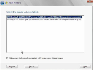 HBA option selection of LSI MegaRAID SAS 9261-8i driver to be installed dialog image:HBA option selection of LSI MegaRAID SAS 9261-8i driver to be installed dialog