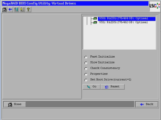 Graphic showing LSI MegaRAID Utility Virtual Drives screen. image:Graphic showing LSI MegaRAID Utility Virtual Drives screen.