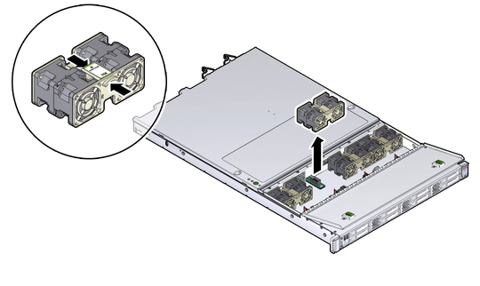 Graphic showing removal of a fan module. image:Graphic showing removal of a fan module.