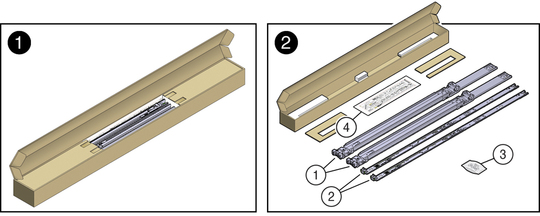 Figure showing the contents of the tool-less rackmount kit. image:Figure showing the contents of the tool-less rackmount kit.