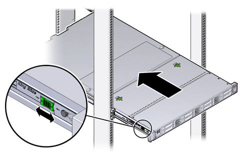 Figure showing the server being pushed back into the rack. image:Figure showing the server being pushed back into the rack.