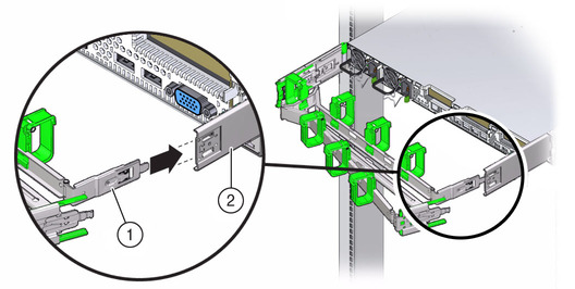 Figure showing CMA mounting bracket inserted into back of the right slide-rail. image:Figure showing CMA mounting bracket inserted into back of the right slide-rail.