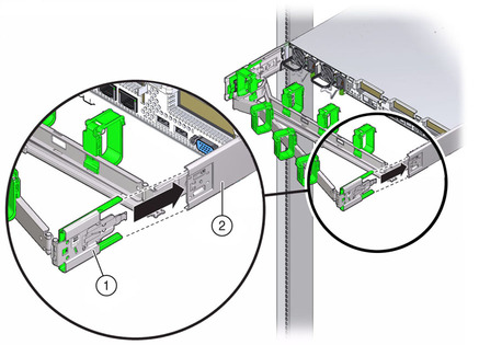 Figure showing CMA slide-rail connector inserting into back of the right slide-rail. image:Figure showing CMA slide-rail connector inserting into back of the right slide-rail.
