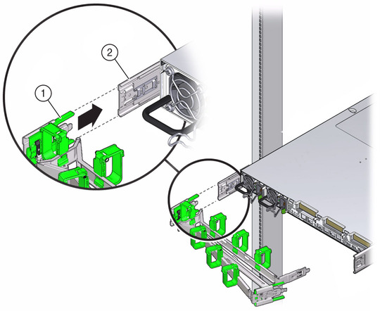 Figure showing CMA slide-rail connector inserting into the back of the left slide-rail. image:Figure showing CMA slide-rail connector inserting into the back of the left slide-rail.