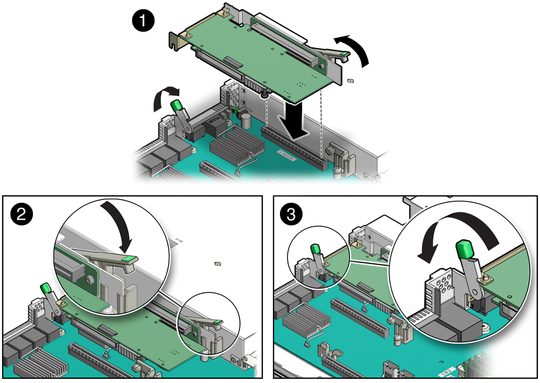 Figure showing how to install a PCIe riser in slots 1 and 2. image:Figure showing how to install a PCIe riser in slots 1 and 2.