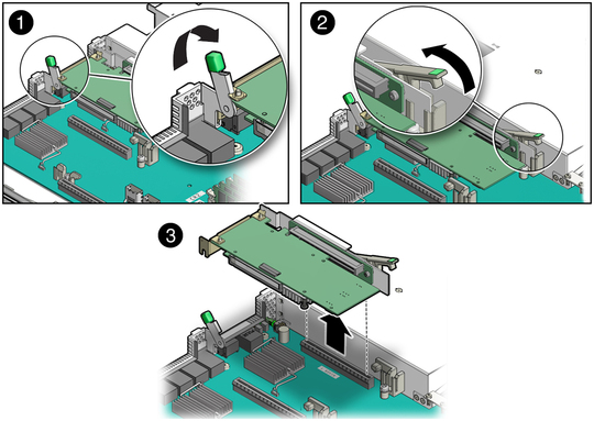image:Figure showing how to remove a PCIe riser from slots 1 and 2.